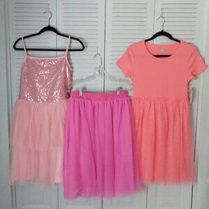 3-PIECE BUNDLE - 2 DRESSES + 1 SKIRT - TULLE + SEQUINS - GIRLS SIZES L XL 14-16